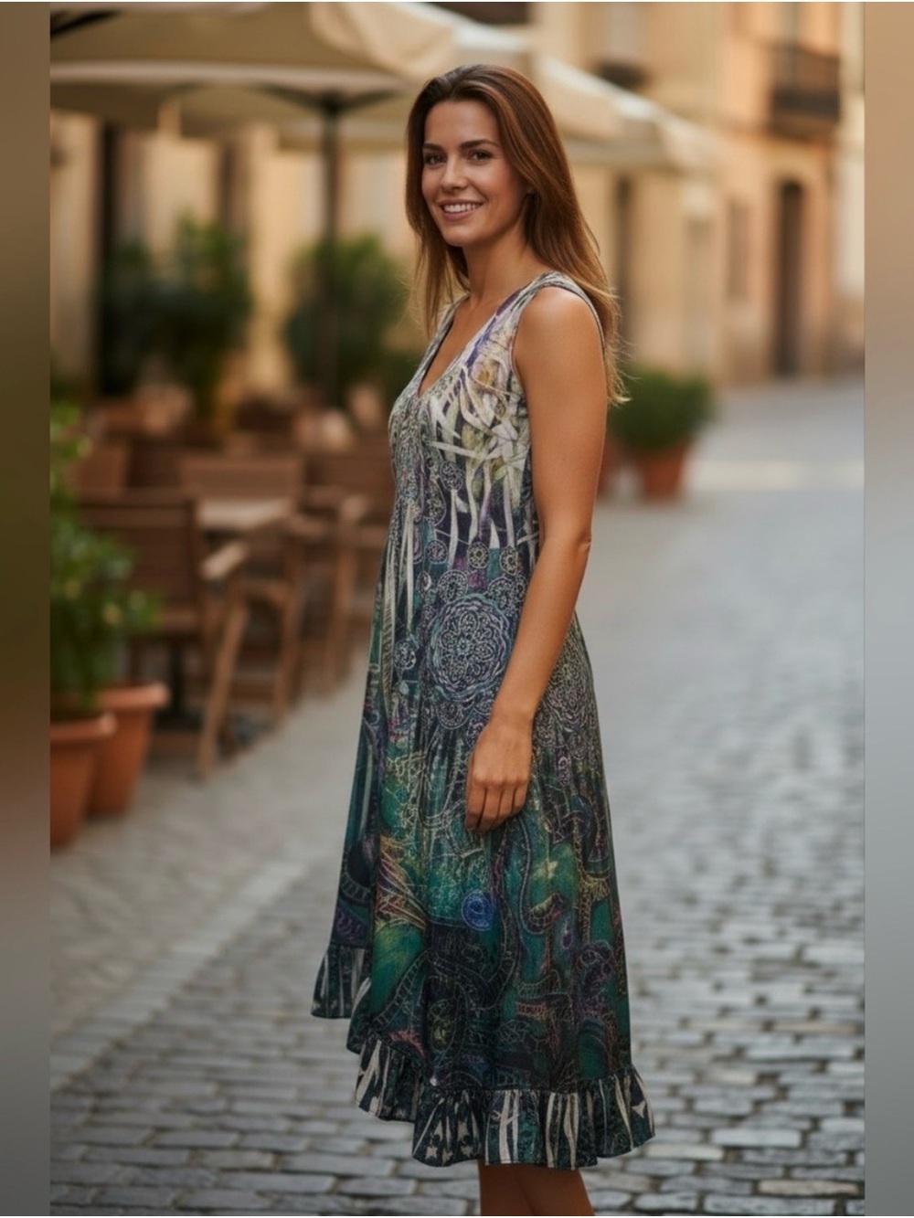 ONE WORLD Sleeveless V-Neck Maxi Dress in Green and Purple Paisley